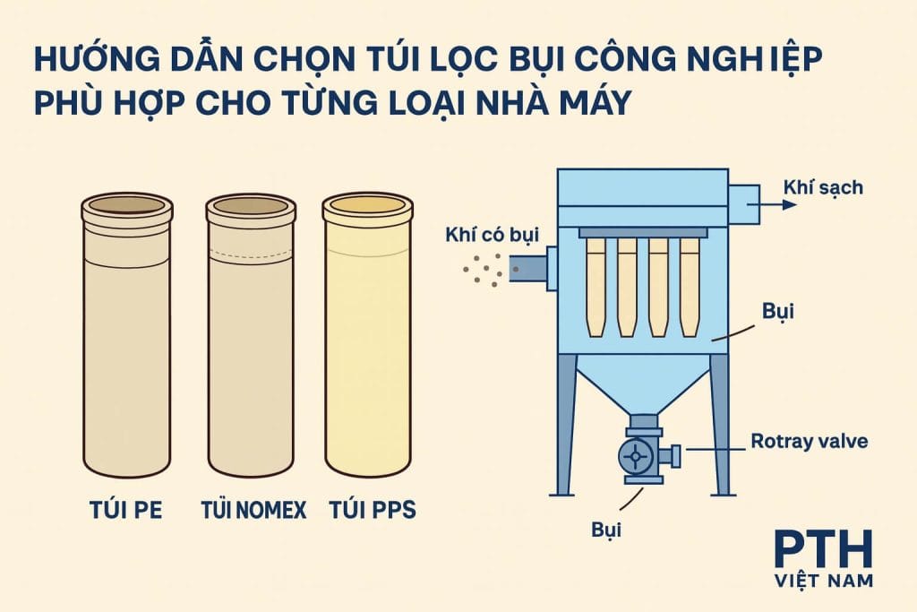 Túi lọc bụi công nghiệp Polyester – PPS – PTFE dùng cho hệ thống lọc bụi tay áo