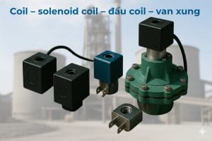 Hình ảnh cuộn coil van rũ bụi và van xung khí nén dùng trong hệ thống lọc bụi công nghiệp.