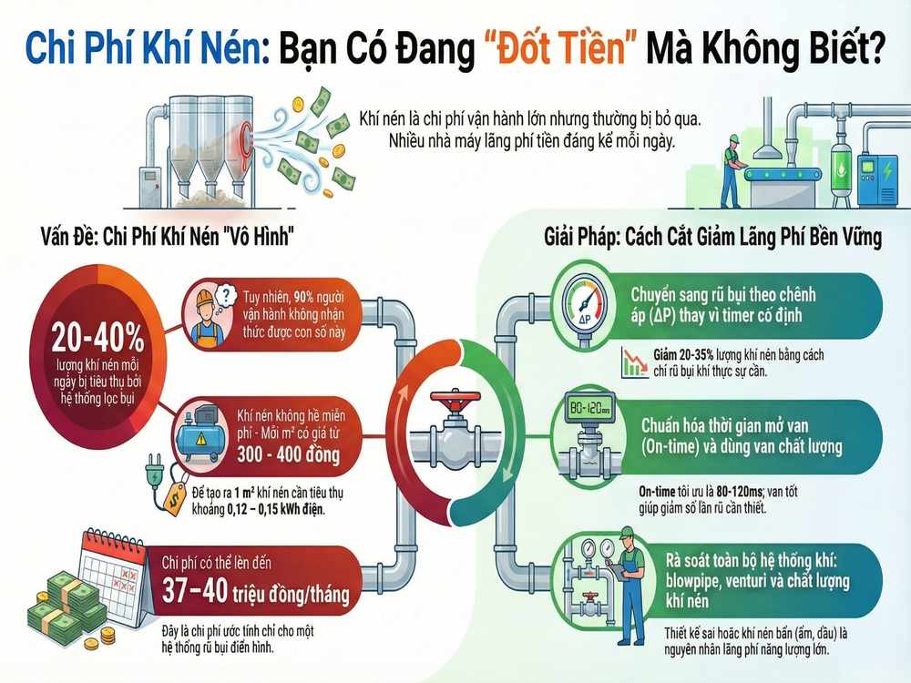 Chi phí khí nén ẩn trong hệ thống lọc bụi khiến nhà máy lãng phí hàng chục triệu mỗi tháng