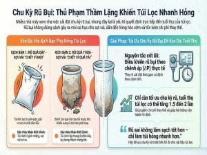 Chu kỳ rũ bụi sai khiến túi lọc nhanh hỏng do rũ quá dày hoặc rũ quá thưa trong hệ thống lọc bụi