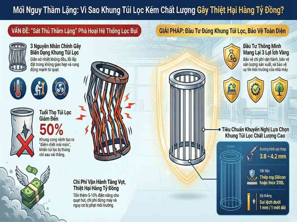 Khung túi lọc kém chất lượng gây biến dạng túi lọc và làm giảm hiệu suất hệ thống lọc bụi công nghiệp