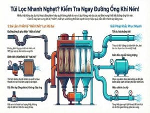 Sai lầm thiết kế đường ống khí nén làm lực rũ bụi yếu khiến túi lọc nhanh nghẹt