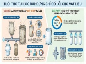 Tuổi thọ túi lọc bụi không chỉ phụ thuộc vật liệu mà còn do lực rũ và vận hành hệ thống