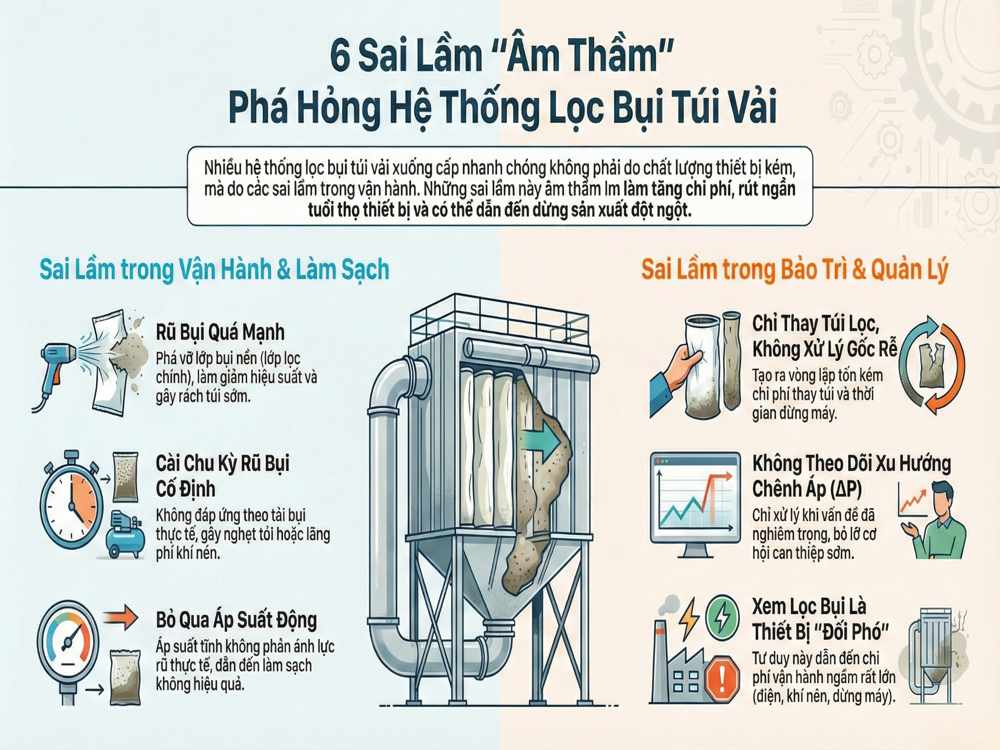 Sai lầm vận hành lọc bụi túi vải làm hệ thống nhanh xuống cấp