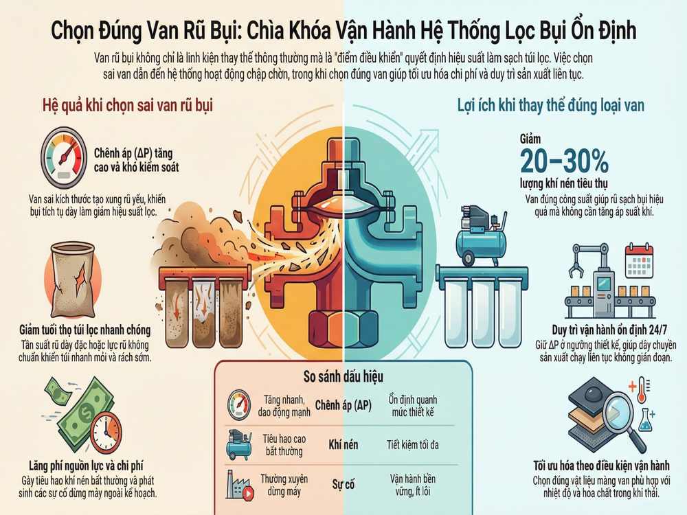 Chọn đúng van rũ bụi giúp ổn định chênh áp và tăng hiệu suất hệ thống lọc bụi túi vải