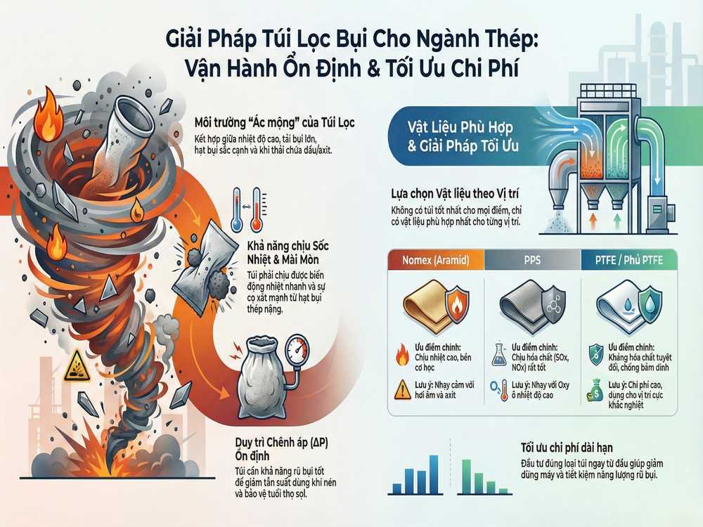 Giải pháp túi lọc bụi cho ngành thép giúp vận hành ổn định và tối ưu chi phí hệ thống lọc bụi
