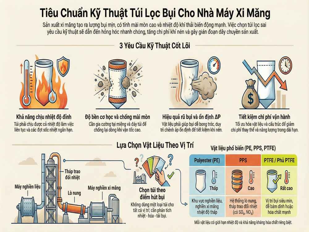 Túi lọc bụi cho nhà máy xi măng trong hệ thống lọc bụi túi vải hệ thống lọc bụi túi vải