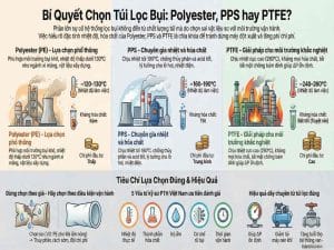 So sánh túi lọc bụi Polyester PPS và PTFE theo nhiệt độ, hóa chất và điều kiện vận hành hệ thống lọc bụi túi vải