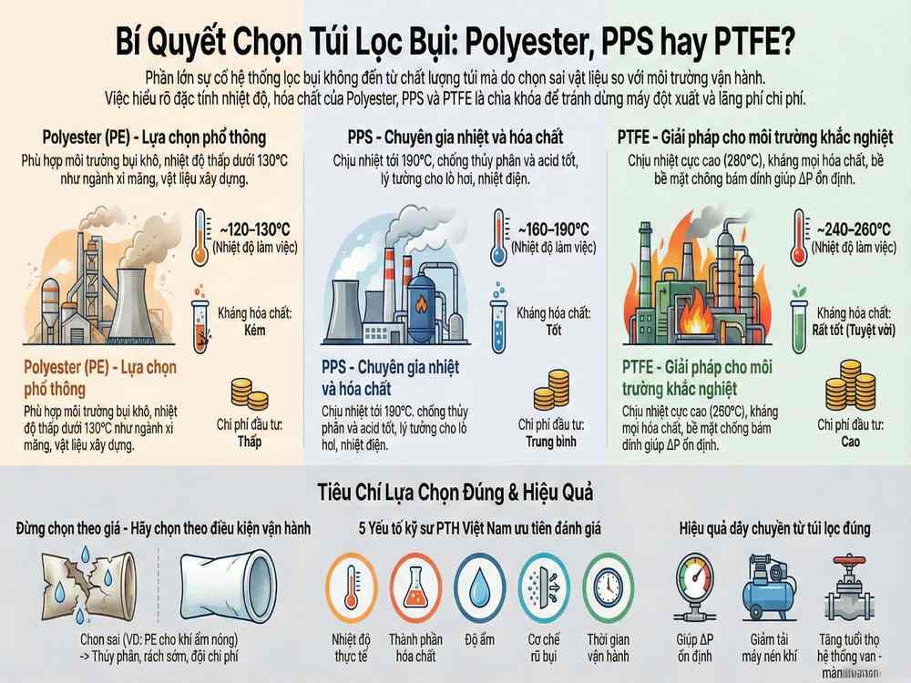 So sánh túi lọc bụi Polyester PPS và PTFE theo nhiệt độ, hóa chất và điều kiện vận hành hệ thống lọc bụi túi vải
