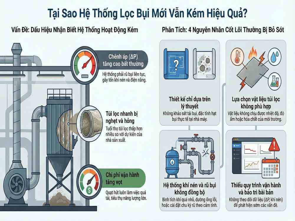 Hệ thống lọc bụi mới vẫn kém hiệu quả do thiết kế và vận hành chưa đồng bộ