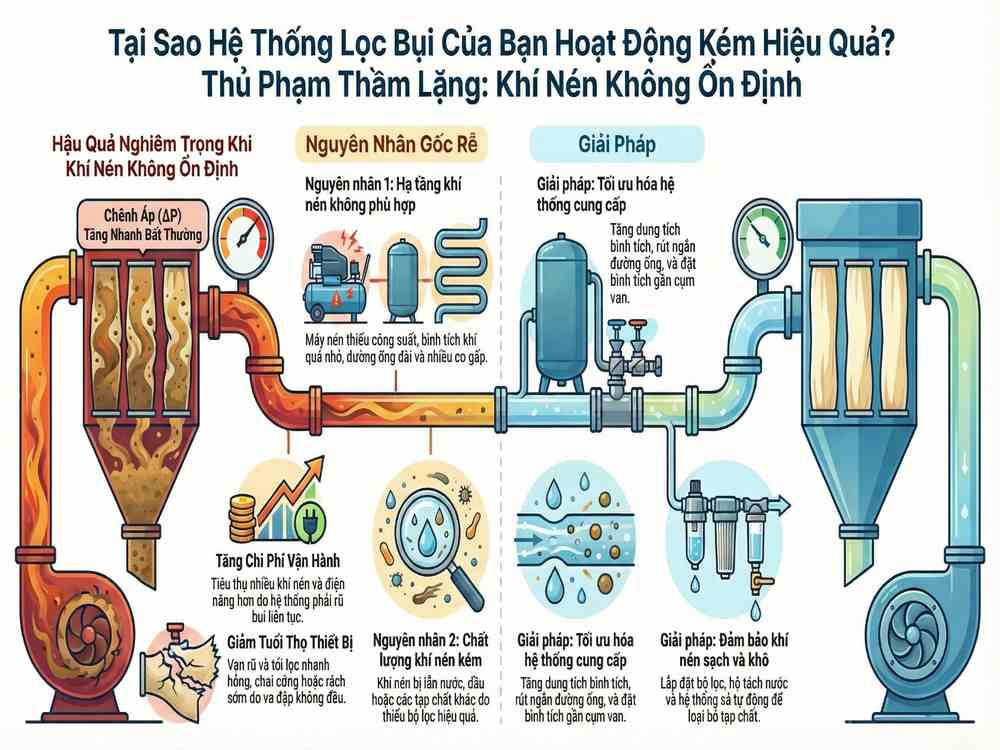 Khí nén không ổn định làm giảm hiệu suất lọc bụi và tăng chênh áp hệ thống