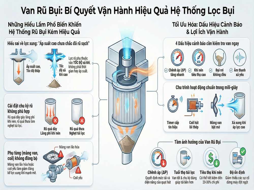 Nguyên lý van rũ bụi xung khí nén trong hệ thống lọc bụi túi vải