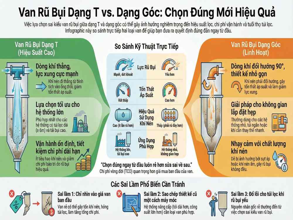 Van rũ bụi dạng T và dạng góc – so sánh cấu tạo và hiệu quả rũ bụi trong hệ thống lọc bụi túi vải