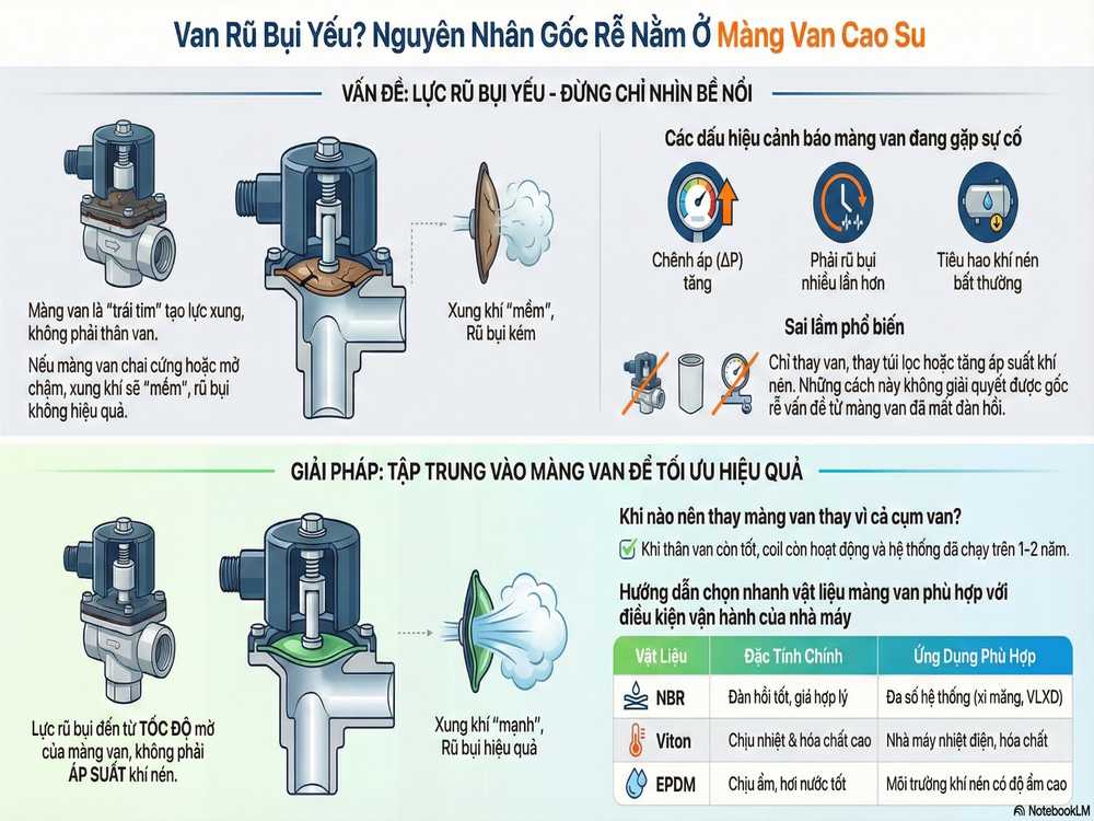 Màng van cao su trong van rũ bụi quyết định lực xung khí nén và hiệu quả rũ bụi của hệ thống lọc bụi túi vải