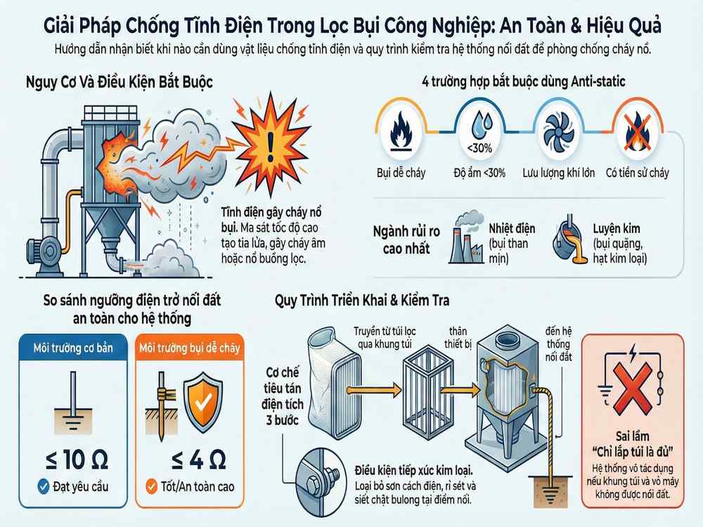 Anti-static trong bụi than bụi khoáng và cách kiểm tra nối đất hệ thống lọc bụi công nghiệp