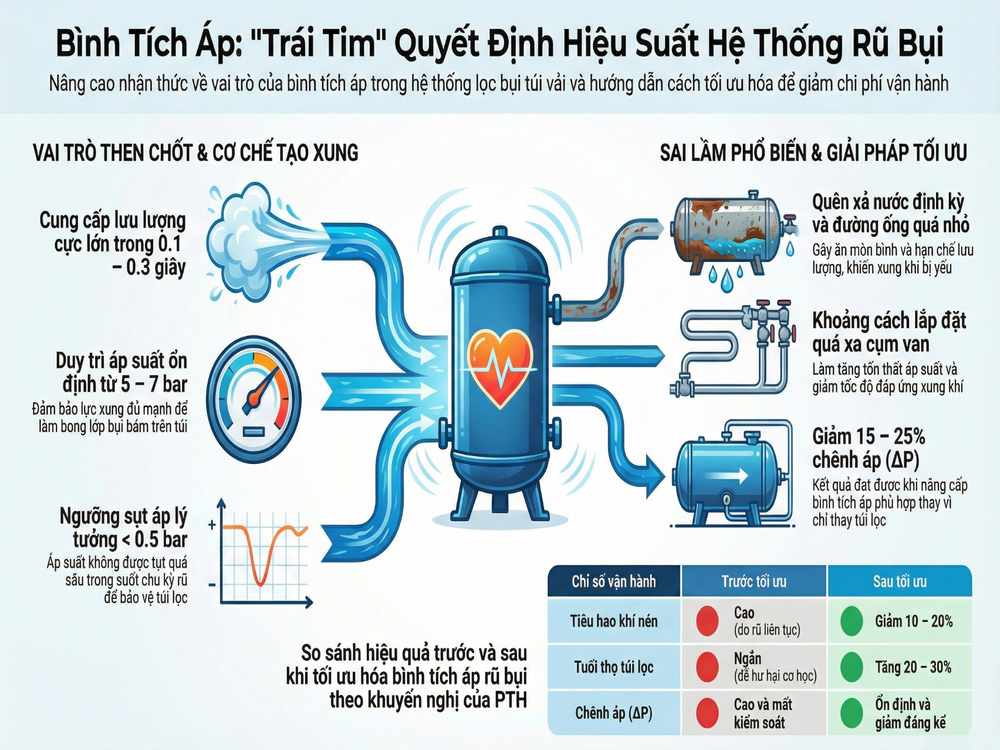 Bình tích áp rũ bụi trong hệ thống rũ bụi khí nén giúp ổn định áp suất xung