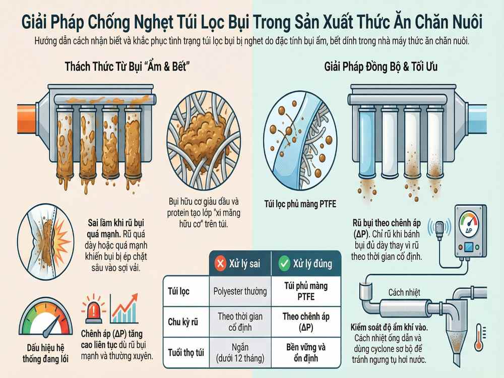 Giải pháp chống nghẹt túi lọc bụi trong sản xuất thức ăn chăn nuôi do bụi ẩm bết