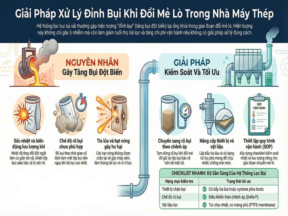 Giải pháp xử lý đỉnh bụi khi đổi mẻ lò trong nhà máy thép giúp ổn định hệ thống lọc bụi và giảm phát thải