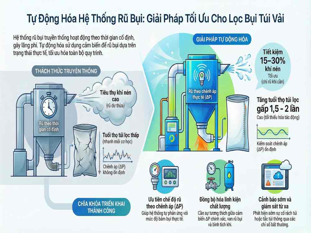 rũ bụi tự động trong hệ thống lọc bụi túi vải