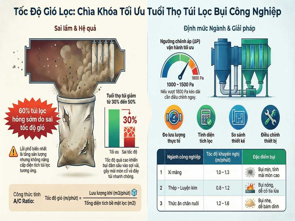 Tốc độ gió lọc ảnh hưởng tuổi thọ túi lọc bụi công nghiệp, công thức tính A/C Ratio và định mức khuyến nghị theo ngành