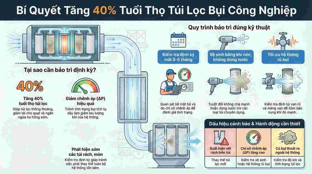 hướng dẫn bảo trì túi lọc bụi giúp tăng tuổi thọ và giảm chênh áp trong hệ thống lọc bụi