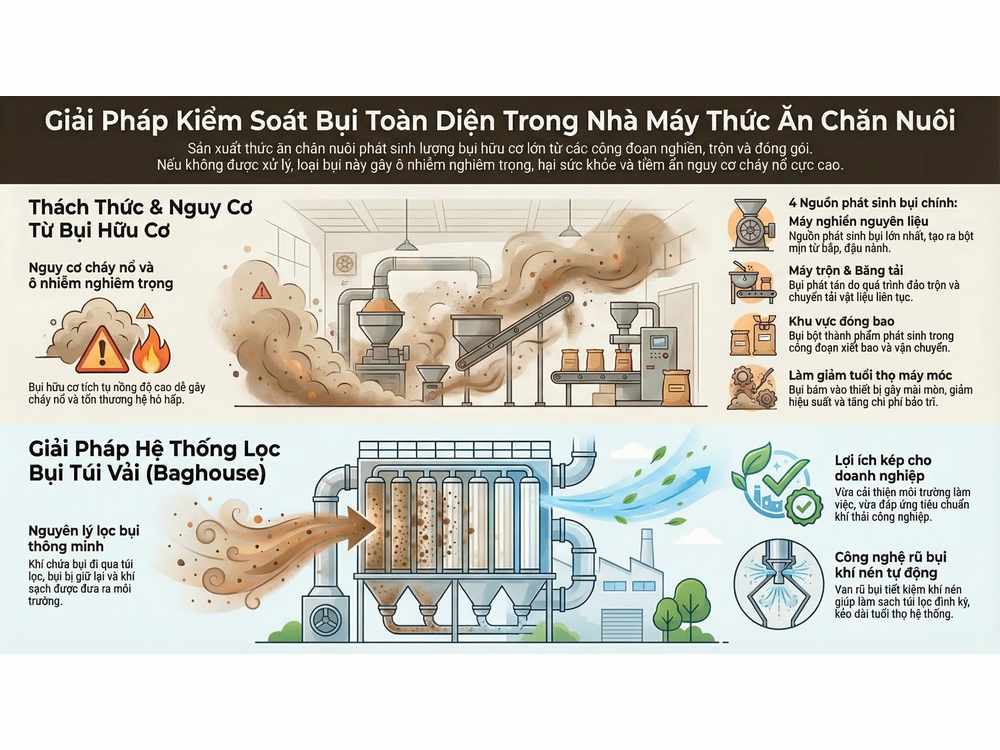 Giải pháp kiểm soát bụi trong nhà máy thức ăn chăn nuôi bằng hệ thống lọc bụi túi vải