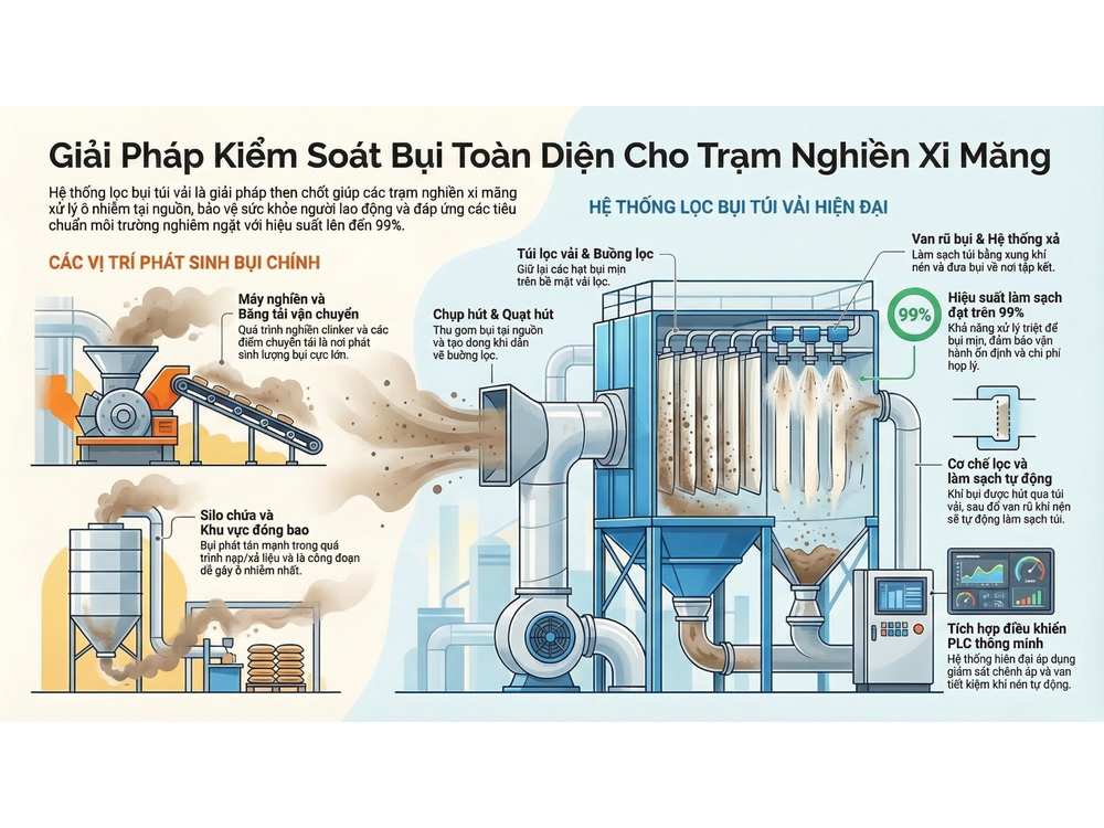 Giải pháp kiểm soát bụi cho trạm nghiền xi măng bằng hệ thống lọc bụi túi vải