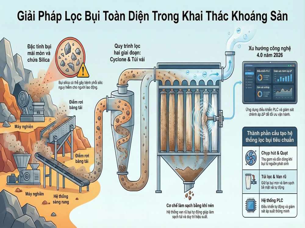 Giải pháp lọc bụi trong khai thác khoáng sản sử dụng cyclone và túi lọc bụi công nghiệp
