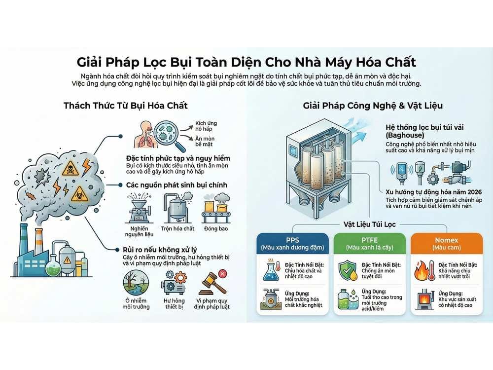 Giải pháp lọc bụi cho nhà máy hóa chất bằng hệ thống lọc bụi túi vải hệ thống lọc bụi túi vải