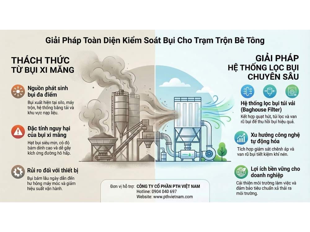 Giải pháp kiểm soát bụi cho trạm trộn bê tông bằng hệ thống lọc bụi túi vải