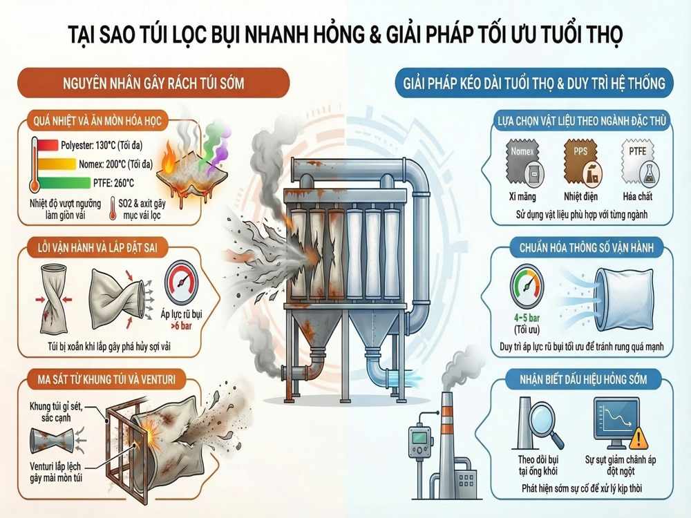 Tại sao túi lọc bụi nhanh hỏng và giải pháp tối ưu tuổi thọ túi lọc bụi công nghiệp