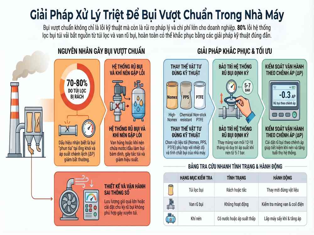 Nguyên nhân bụi vượt chuẩn và giải pháp xử lý trong hệ thống lọc bụi công nghiệp