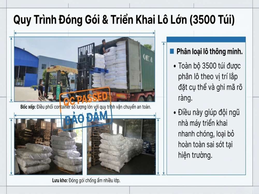 Quy trình đóng gói túi lọc bụi số lượng lớn đảm bảo chống ẩm và triển khai nhanh tại nhà máy
