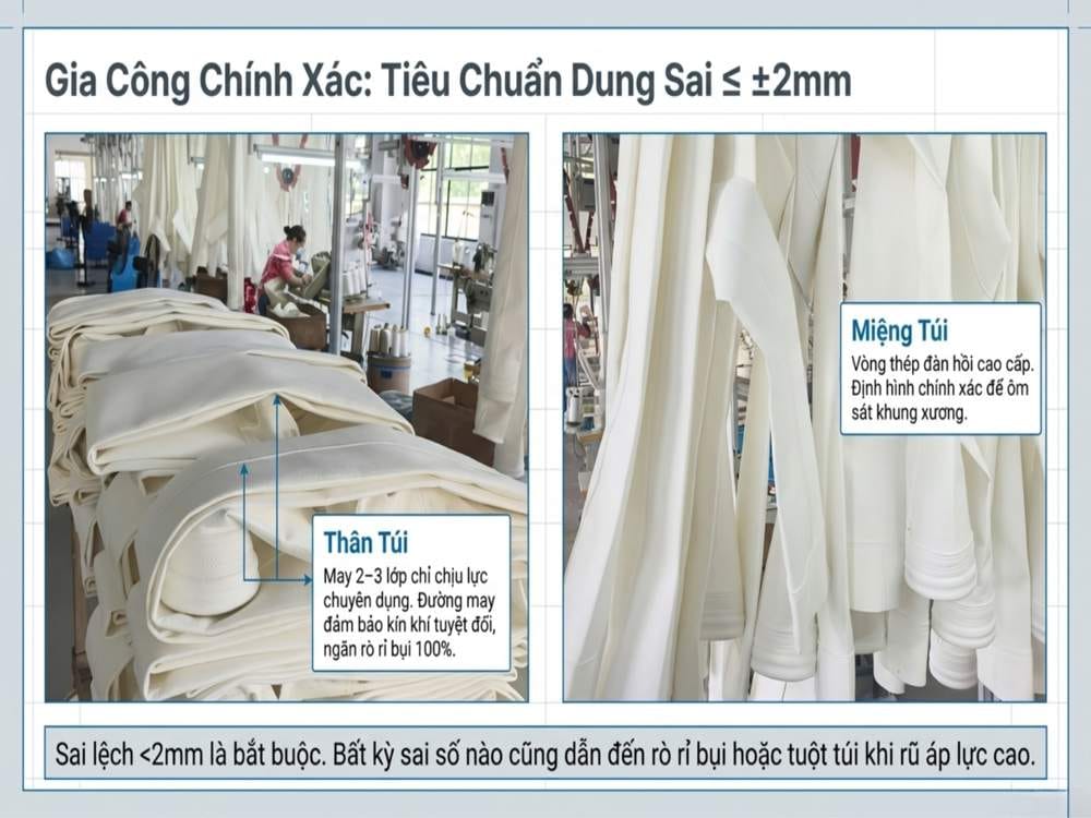 Gia công túi lọc bụi công nghiệp chính xác dung sai ±2mm đảm bảo kín khí và hiệu suất lọc
