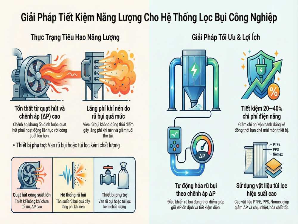Giải pháp tiết kiệm năng lượng cho hệ thống lọc bụi công nghiệp giúp giảm tiêu hao điện và ổn định chênh áp