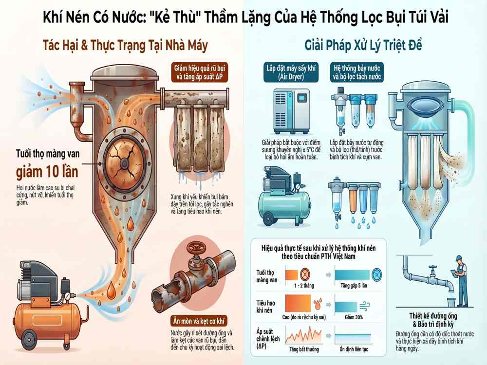 Khí nén có nước gây hại cho hệ thống lọc bụi túi vải và cách xử lý hiệu quả