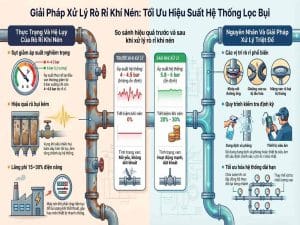 Rò rỉ khí nén gây giảm áp suất và ảnh hưởng hiệu suất hệ thống lọc bụi túi vải