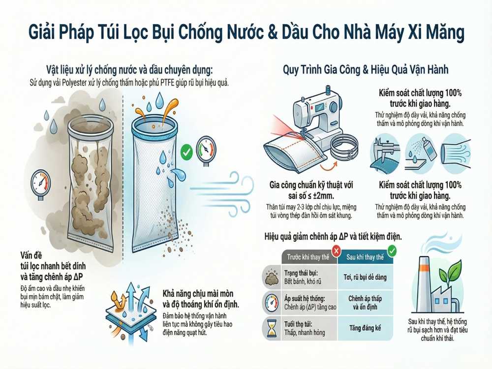 Túi lọc bụi chống nước chống dầu dùng cho nhà máy xi măng giúp giảm bết dính và ổn định chênh áp