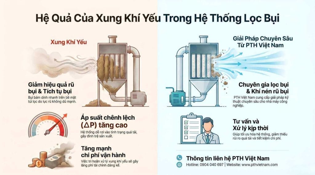 Xung khí yếu trong hệ thống lọc bụi gây tăng áp suất chênh lệch và giảm hiệu quả rũ bụi