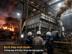 Bụi lò thép vượt chuẩn tại nhà máy luyện kim được kỹ sư kiểm tra và xử lý bằng hệ thống lọc bụi công nghiệp.