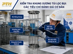 Kỹ thuật viên kiểm tra khung xương túi lọc bụi với các tiêu chí đánh giá cơ bản