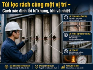 Túi rách cùng vị trí do lỗi khung xương, khí rũ bụi và nhiệt trong hệ thống lọc bụi túi vải