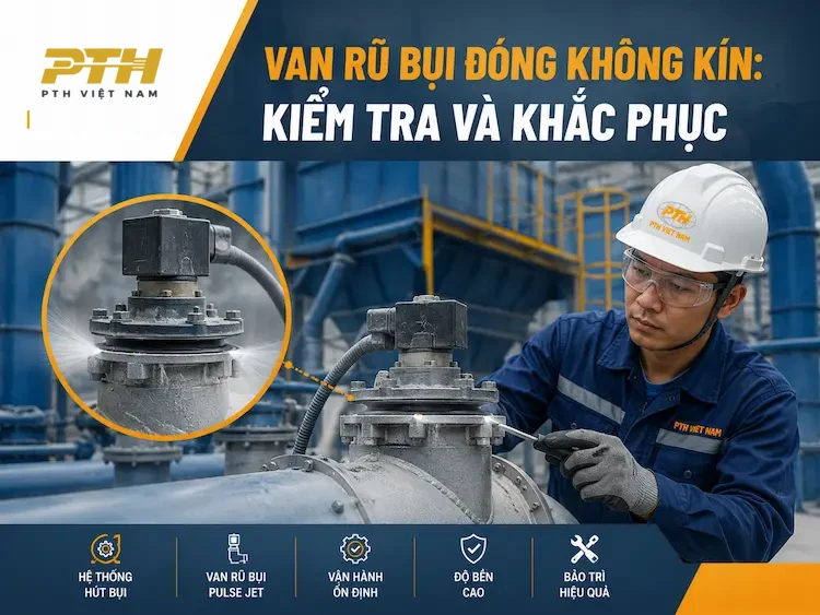 Van rũ bụi đóng không kín gây rò khí, kỹ thuật viên kiểm tra van pulse jet trong hệ thống hút bụi công nghiệp.