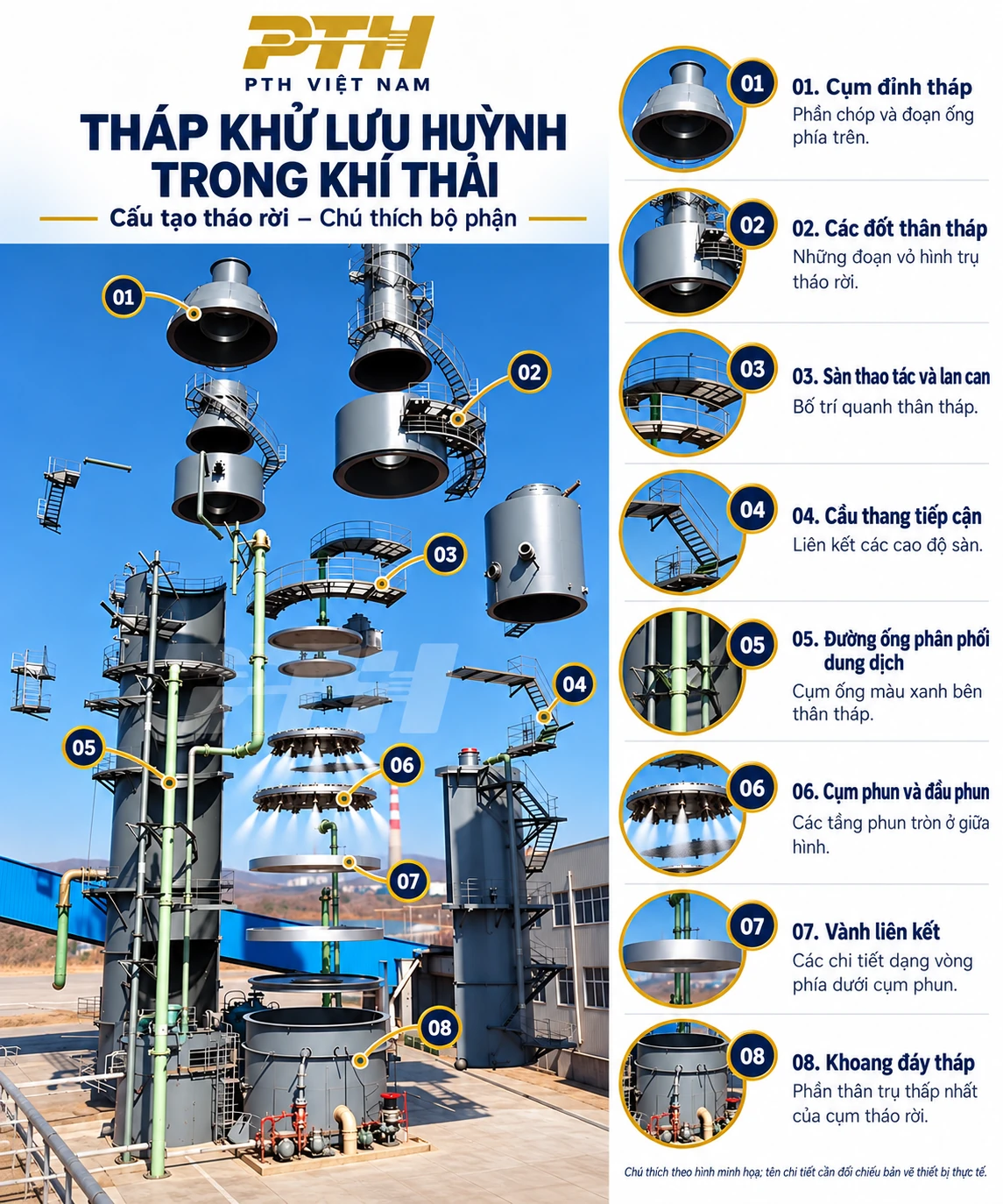 Cấu tạo tháo rời tháp khử lưu huỳnh và chú thích bộ phận